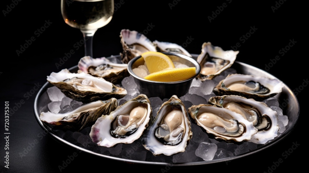 Fresh oysters served on ice with lemon and glasses of white wine, copy space