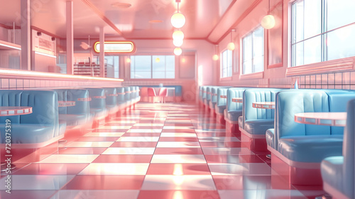 Vintage-inspired diner interior with pastel tones and checkerboard floor. photo
