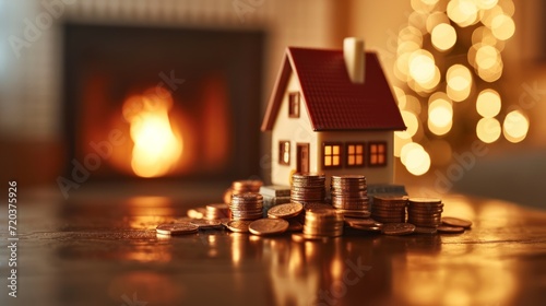 Warm home atmosphere with a toy house and coins on a wooden table.