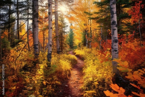 A scenic trail through a colorful forest during autumn. Generative AI