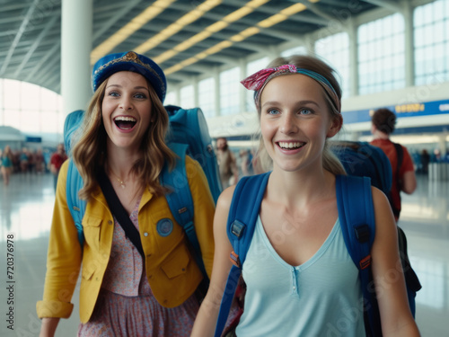 Two brightly dressed, cheerful young women walk through the airport building with backpacks.