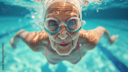Elderly woman, swimmer in the pool.