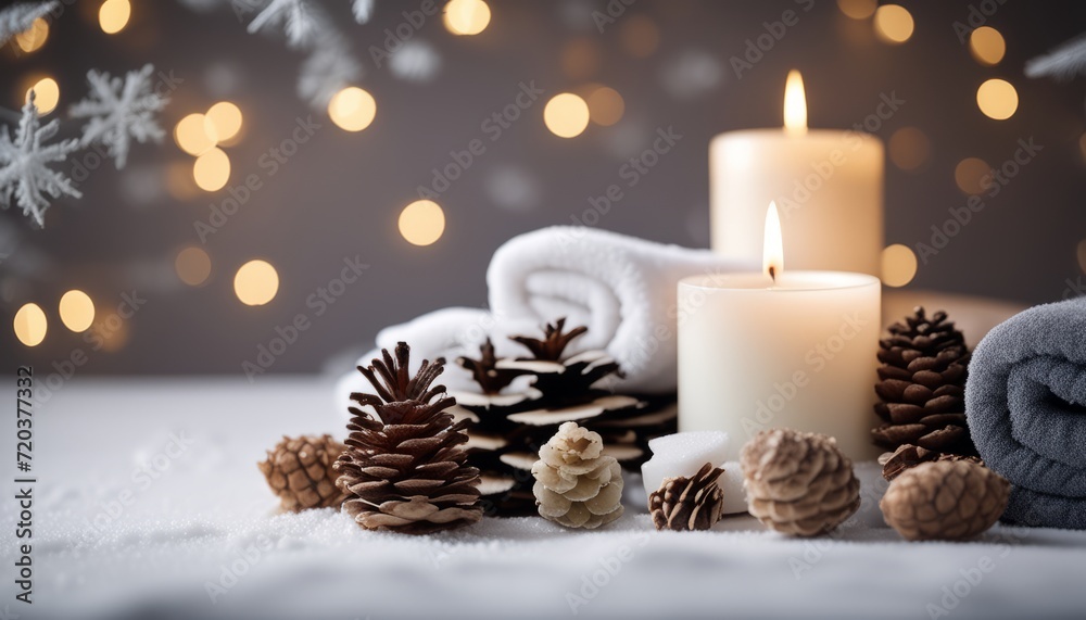 A candle and pinecones on a snowy surface