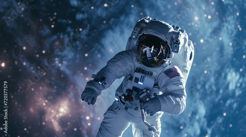 Astronaut at spacewalk. Cosmic art  science fiction wallpaper. Beauty of deep space. Billions of galaxies in the universe.