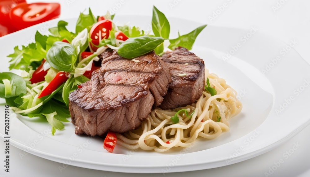 A plate of food with noodles, meat and vegetables