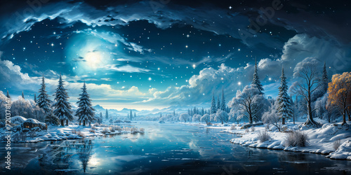 Enchanting winter wonderland scene with freshly fallen snow, sparkling under a magical blue sky filled with soft falling snowflakes
