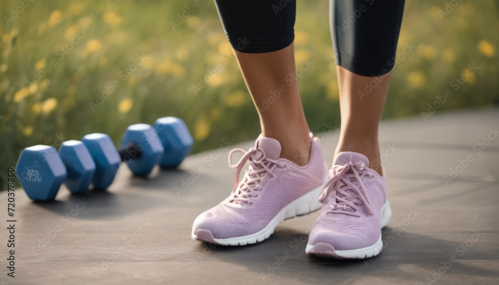 A woman wearing pink shoes and black pants