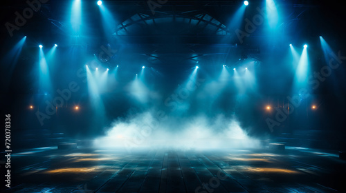 Mysterious empty stage with dramatic blue lights and smoke, spotlight on the shiny floor, ready for performance or presentation in dark ambiance