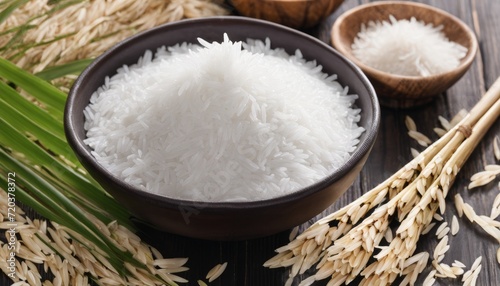 A bowl of white rice and a bowl of rice grains