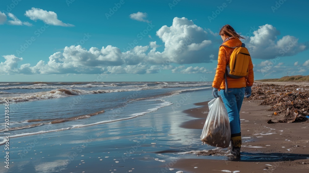 Volunteer woman cleaning up a beautiful beach with blue sky