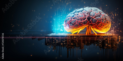 Futuristic human brain juxtaposition with half organic and half circuitry illustrating concepts of artificial intelligence, neural networks, and modern technology photo