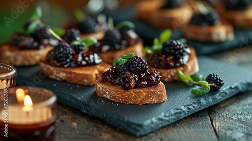 Elegant bruschetta topped with blackberries and garnished with fresh mint.