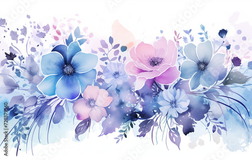 Elegant Watercolor Floral Composition with Blue and Pink Blooms, Artistic Botanical Arrangement for Wedding Invitations and Spring Decor, High-Resolution