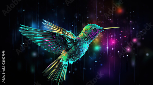 Big data visualization. Flight of a digital humming bird in neon colors. Information aesthetic design. Generative AI © kovalovds