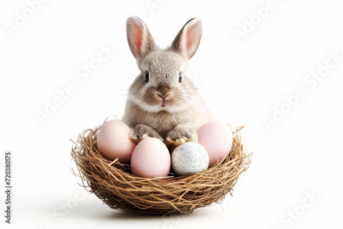 The cute Easter bunny sits in a basket of eggs isolated on white. Easter scene.