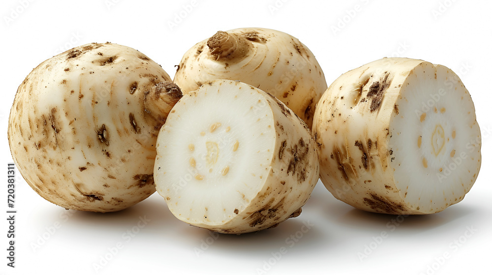 View of Delicious fresh Fruit Jicama on a white background View of Delicious fresh Fruit Jicama on a white background