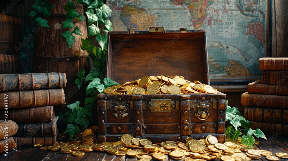 Antique treasure chest overflowing with gold coins amidst vintage books ...
