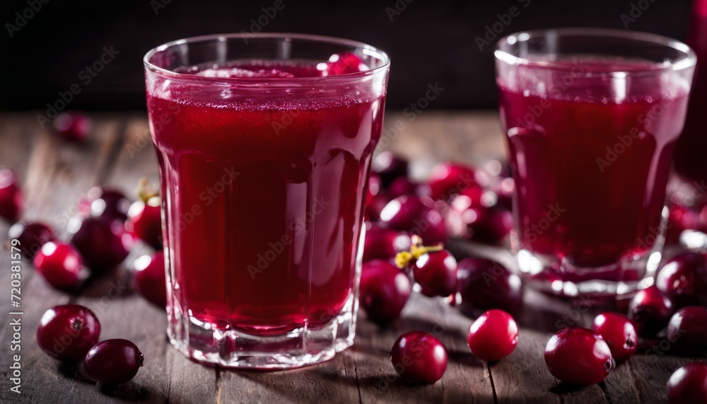 Two glasses of red liquid with cherries on a wooden table Two glasses of red liquid with cherries on a wooden table