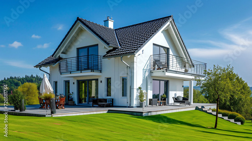 Idyllic German Home: Bright Facade with Lush Green Grass in Perfect Weather © Nico Vincentini