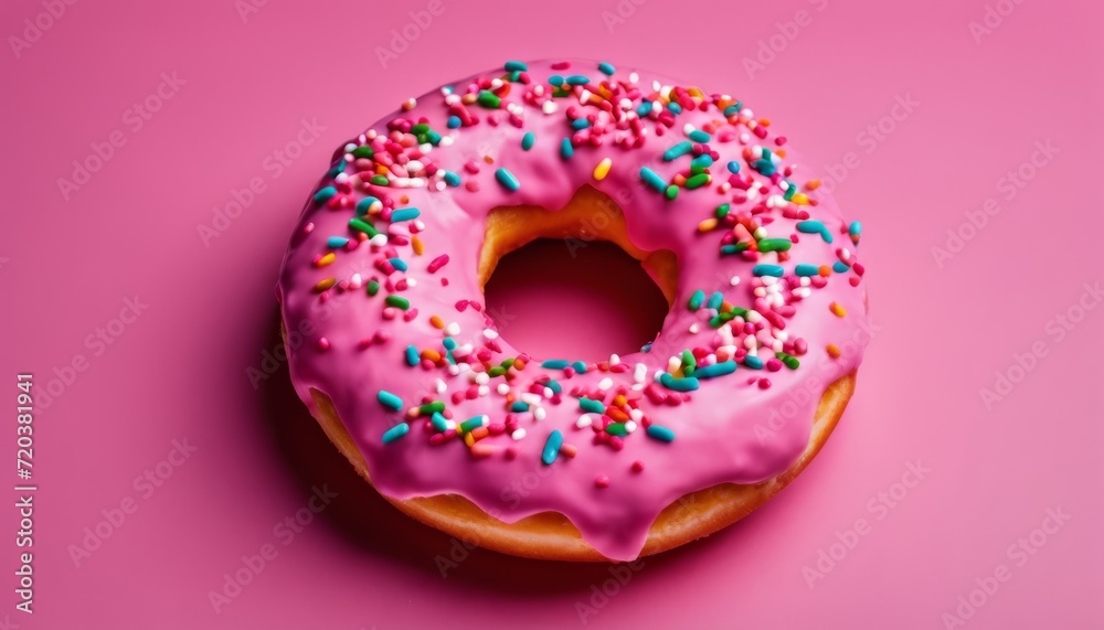 A pink frosted donut with sprinkles on top