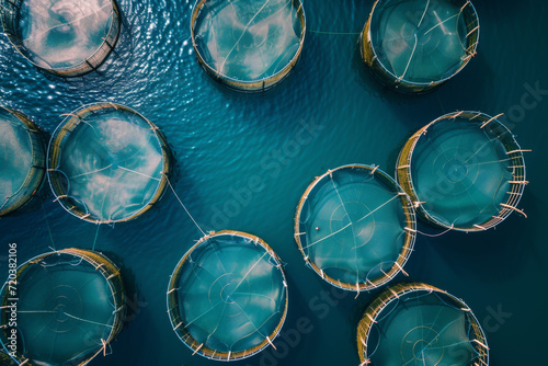Top-down view of a fish farm, circular cages in a blue sea