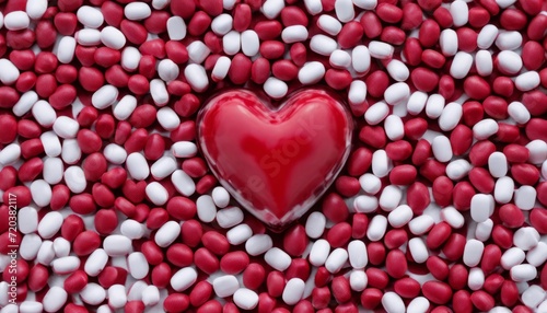A heart made of candy is surrounded by red and white candy