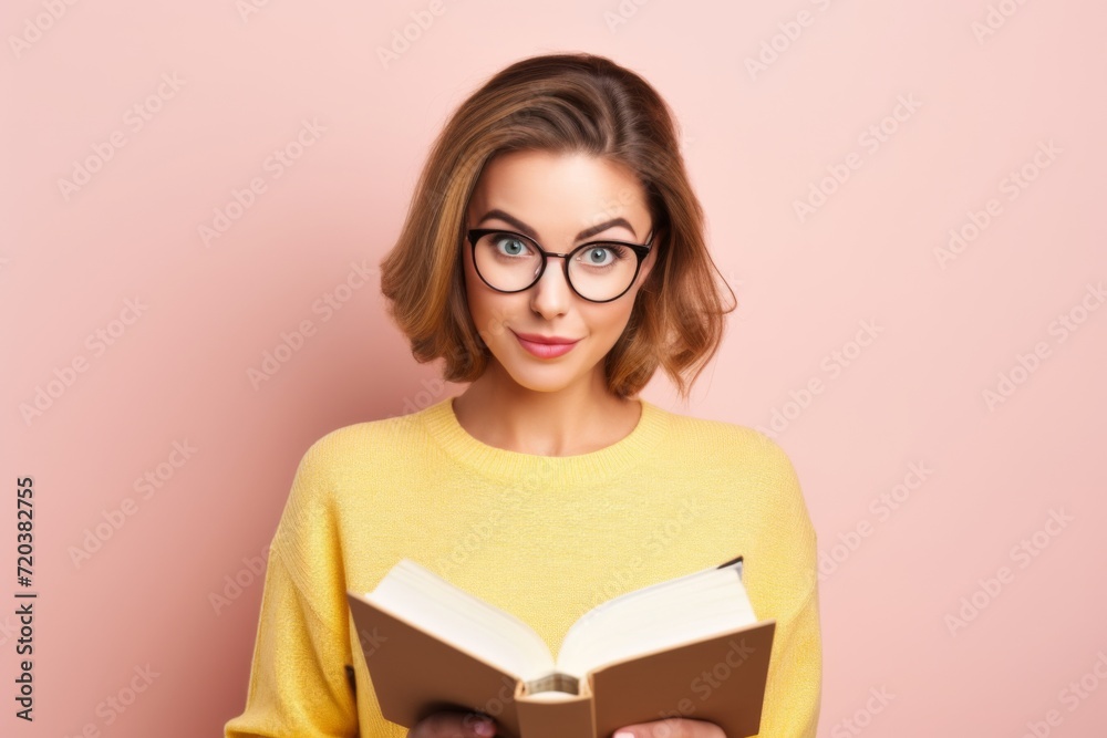 Young Woman Surprised and Thoughtful with an Open Book in Hands on Neutral Background. Young Woman Surprised and Thoughtful with an Open Book in Hands on Neutral Background.