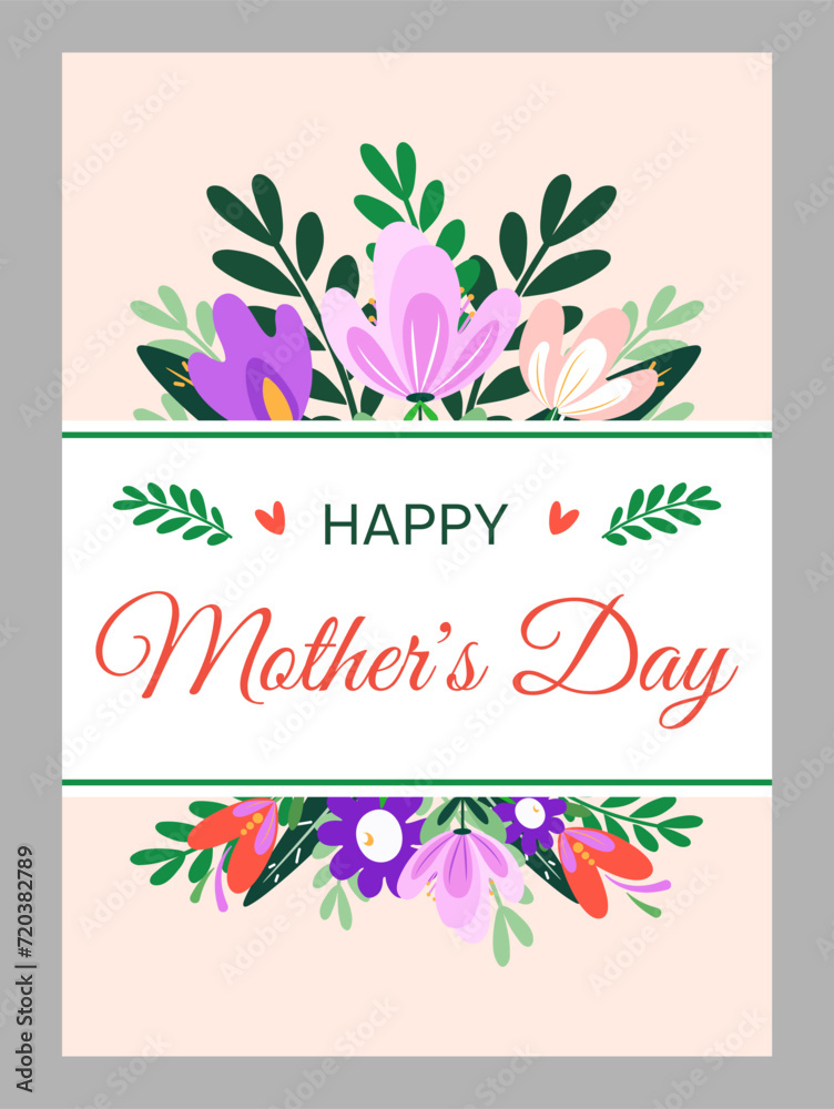 Mother's day. Illustration of a bouquet of bright stylized spring flowers on a delicate peach background.Flat style for banner,print,Women's Day or Valentine's Day card,invitation.Vector illustration