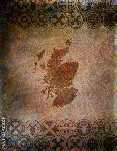 Alte verwitterte Landkarte - Schottland mit alten Schilden - Clans photo