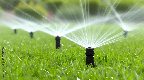 Automatic garden watering systems with sprinklers for lush green lawn in beautiful garden photo