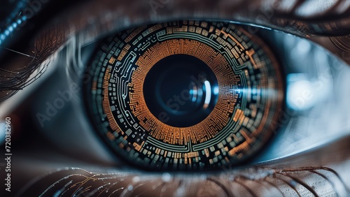 The eye of a cyborg, a human android. The concept of the world of the future photo