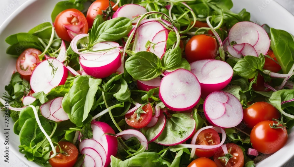 A salad with tomatoes, radishes, spinach, and arugula
