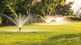 Efficient automatic sprinkler system watering the lush green lawn in a beautifully landscaped garden