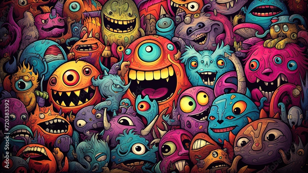 colorful doodle cute monsters, Generative AI