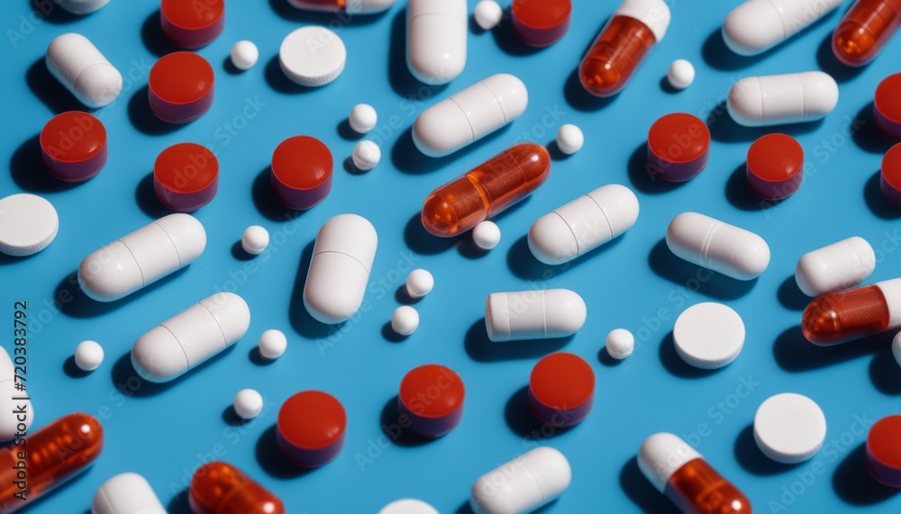 A large assortment of pills on a blue background