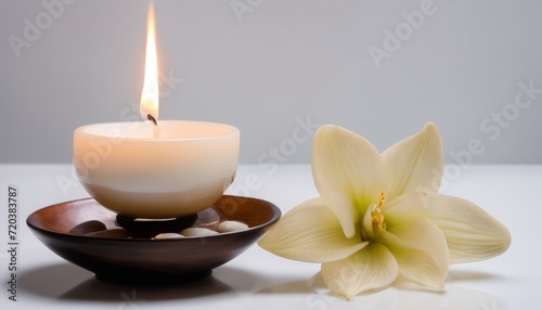 A candle and flower on a table
