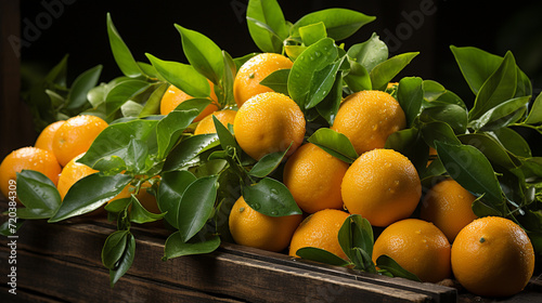 Fresh mandarin oranges or tangerines with leaves in a wooden box