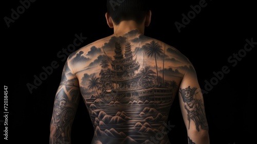 Close-up of artist applying tattoo on back of customer, copy space for text