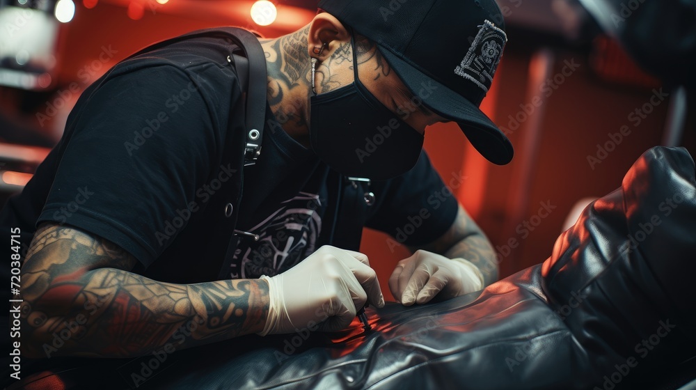 Close-up of artist applying tattoo on back of customer, copy space for text Close-up of artist applying tattoo on back of customer, copy space for text