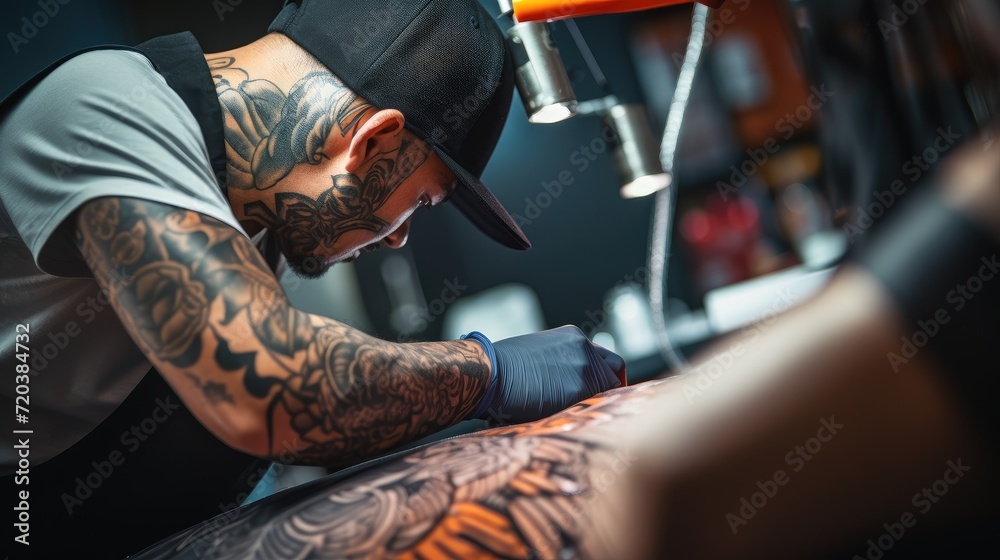 Close-up of artist applying tattoo on back of customer, copy space for text Close-up of artist applying tattoo on back of customer, copy space for text