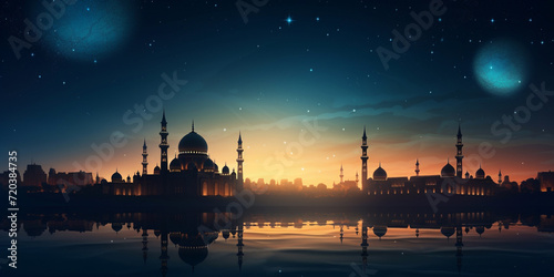 Silhouette of beautiful mosque at beautiful night .