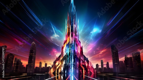 Futuristic skyscraper glows with vibrant multi colored lighting. 