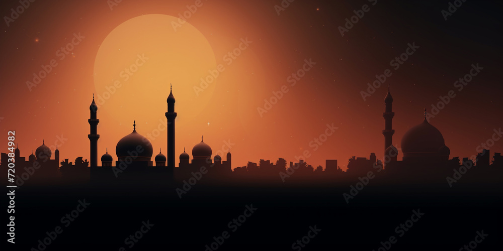 Ramadan card with Mosques dome, Full moon on Orange sky background ,Horizon banner Ramadan Night with twilight dusk sky for Islamic religion, Eid al Ad ha, Eid Mubarak ,Eid al fi tr, Ramadan .