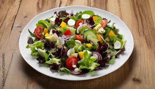 A white plate with a salad on a wooden table