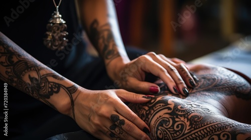Close-up of artist applying tattoo on back of customer  copy space for text