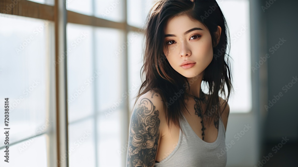 Young beautiful woman shows tattoo on arms and hands, confident and happy lifestyle Young beautiful woman shows tattoo on arms and hands, confident and happy lifestyle