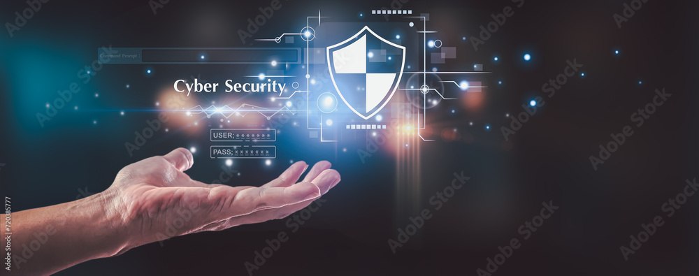 Fototapeta premium Businessman is showing concept of future technology and internet connection network with AI as controller. A graphic floated in the air on his hand.