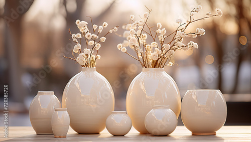 Serene Spring Blossoms and Elegant Vases, harmonious display of cherry blossoms in white vases by a window, symbolizing the serene beauty of spring