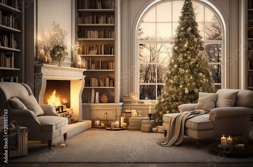 Classic Christmas Living Room, luxurious living room adorned with a towering Christmas tree and a cozy fireplace, creating a festive and inviting space for holiday celebrations.