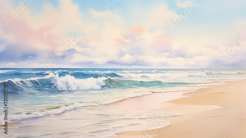 Tranquil Seashore at Dusk  Watercolor Painting of Gentle Waves  Soft Sandy Beach  and Pastel Sunset Skies.